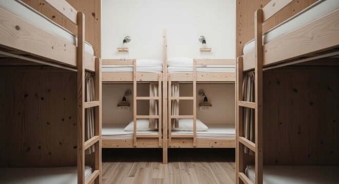 Interior shot of clean, light-filled hostel bunk beds with wooden frames and simple decor