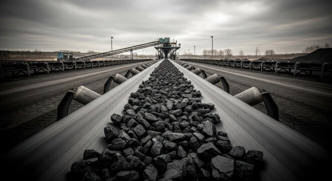 Long perspective shot of a coal conveyor belt system transporting raw material under an overcast sky