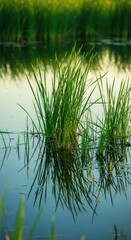Obraz premium Lush green reeds and tall grasses rise above the shallow still water of a vibrant natural freshwater marsh ecosystem during the morning, environment, conservation, reflection