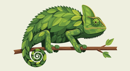 Fototapeta premium Stylized green chameleon with leaf patterns sitting on a branch.