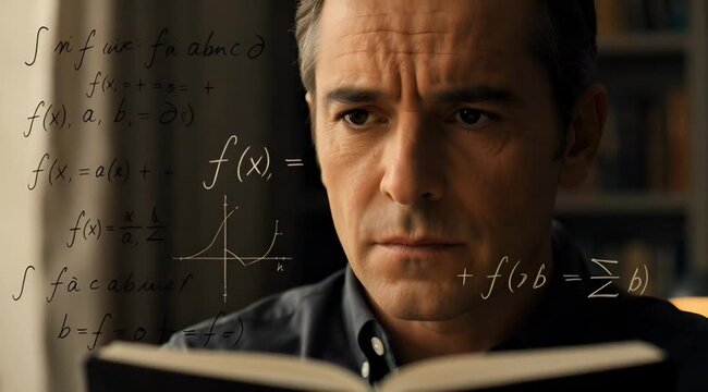 A thoughtful man studies complex mathematical equations, pondering the intricacies of advanced calculus and algebra