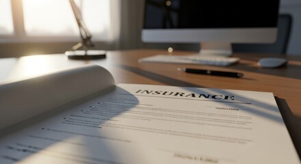 Office desk with insurance document, computer, keyboard, mouse, and lamp. Sunlight shines