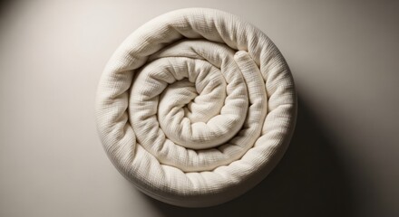 Obraz premium Overhead shot of tightly coiled, thick, off-white fabric on a white surface