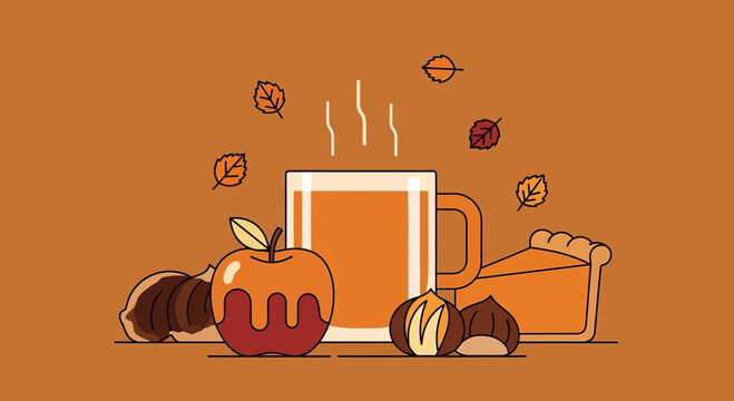 Autumnal Still Life Featuring a Warm Drink, Apple, Nuts, And A Delicious Pie