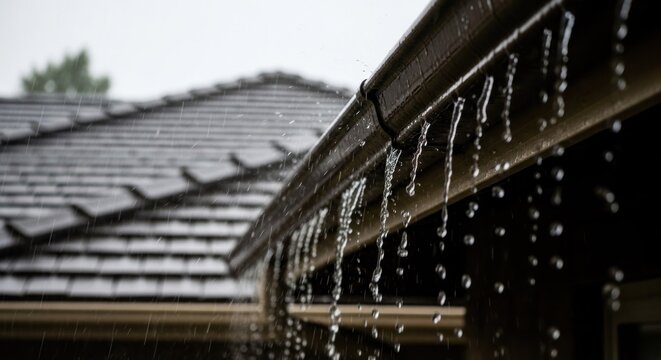 Rainwater pours from a brown gutter on a house roof during a storm