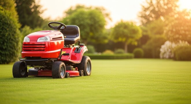 Red riding lawn mower on manicured green lawn, trees in background, sunlight