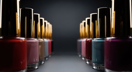 Rows of nail polish bottles with golden caps, arranged on a dark surface, studio lit