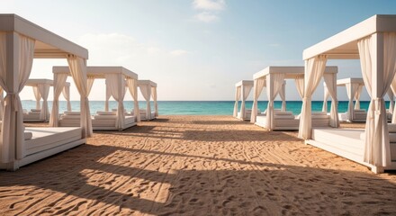 Fototapeta premium Sandy beach with rows of white cabanas facing turquoise water under a blue sky