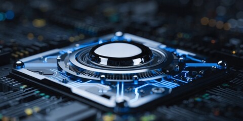 Obraz premium Close-up view of glowing blue futuristic computer chip or processor on circuit board, symbolizing advanced technology and innovation