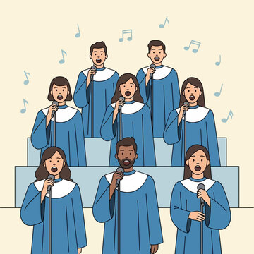 A Harmony of Voices: A Group of Singers Performing on a Stage, Musical Notes Floating Around