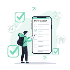 Adventurer Using Travel Checklist App on Smartphone for Expedition Planning and Preparation