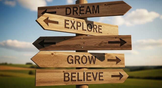 Rustic wooden signpost with directional arrows displaying inspiring words against a blurred landscape
