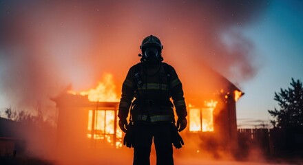 Naklejka premium Silhouette of a firefighter against a burning building at dusk, intense scene