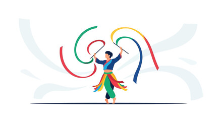 Obraz premium Colorful Dancer Performs With Flowing Ribbons Creating Beautiful Artistic Swirls And Designs