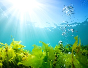 Fototapeta premium Sunlight filters down to ocean plants, bubbles rise. Turquoise water, blue sky, bright