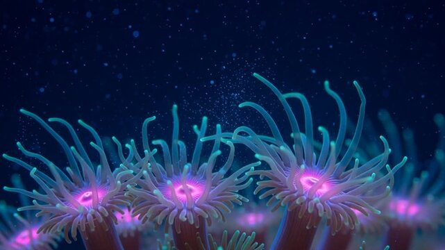 A video showcasing vibrant purple sea anemones swaying gently underwater in the dark ocean with blue tentacles