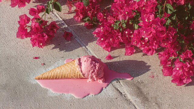 Fallen Ice Cream Cone Melts on Concrete Under Pink Bougainvillea

