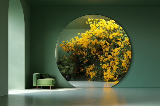 Circular wall mirror reflecting yellow blooming mimosa in emerald green minimalist lounge with designer armchair