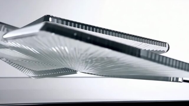 Abstract glass structure on white background displaying intricate linear patterns and architectural design detailing