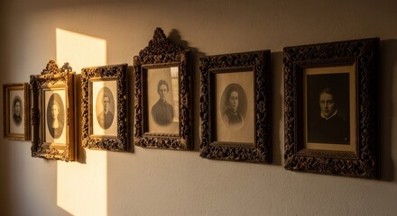 Vintage portraits in ornate frames, lit by sunlight, line a wall, creating an aesthetic display