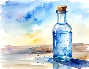 Obraz premium Glass bottle with clear liquid and cork stopper, watercolor style