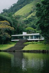 Fototapeta premium Modern house by the lake surrounded by green hills in a forested area during cloudy weather with reflections in the water