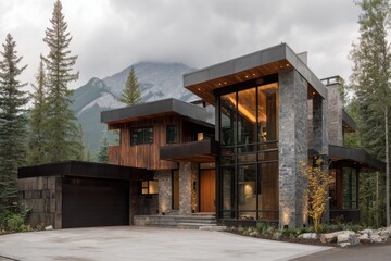 Fototapeta premium Modern house sits at the base of a mountain with large windows and wood accents, surrounded by tall evergreen trees during an overcast day