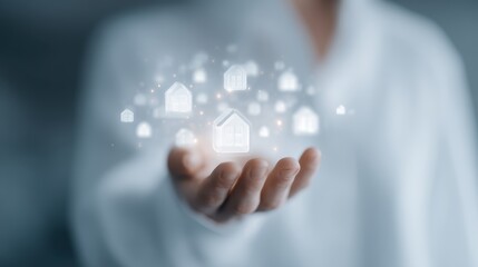 Home Ownership Concept: A person delicately cradles a constellation of luminous house icons, representing the concepts of housing, property ownership, and the dream of a place to call home.
