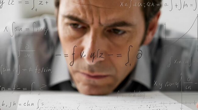 A focused businessman intensely scrutinizing complex mathematical equations and formulas on paper, highlighting analytical thinking and problem-solving in a professional setting