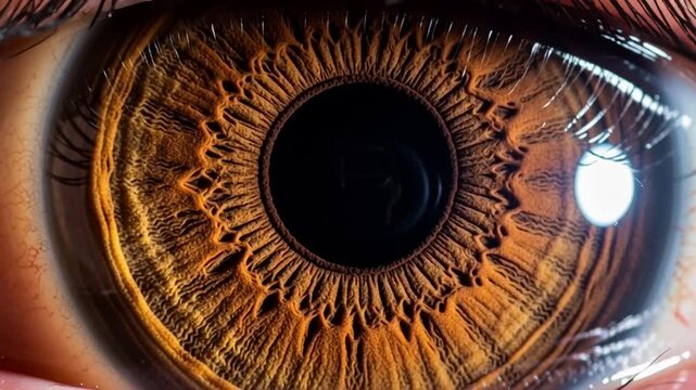 A close-up video of a human eye with a bright light reflecting off the iris, showcasing its intricate details and patterns.
