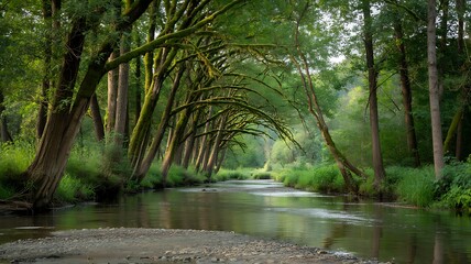 Obraz premium Serene Forest River with Moss-Draped Trees and Lush Greenery