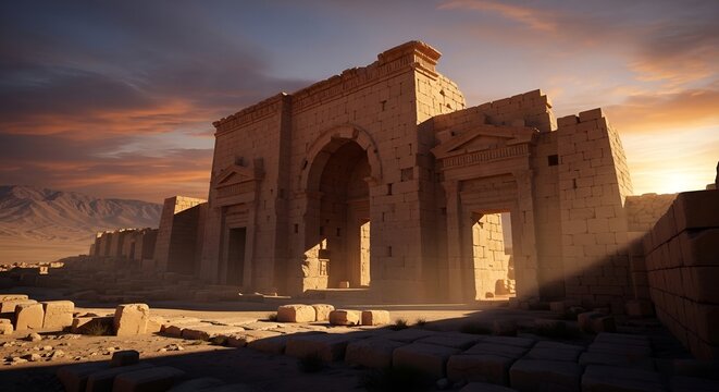 Sprawling ruins of Hatra standing in desert landscape at sunset