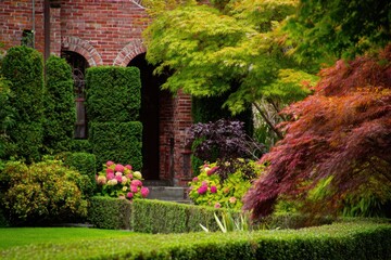 Fototapeta premium A vibrant garden in full bloom during the spring season features a charming brick building surrounded by a variety of plants and lush bushes near the entrance
