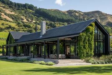 Obraz premium A contemporary house nestled amid lush green hills features expansive windows that invite natural light and a cozy outdoor seating area, all set against the backdrop of a sunny day.