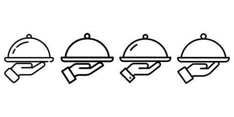 Fototapeta premium Serving tray icon set with waiter hand holding silver platter under dome lid isolated on white background vector illustration for restaurant and catering