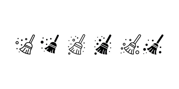 Broom icon set with cleaning dust particles isolated on white background vector illustration representing housework equipment and domestic hygiene service