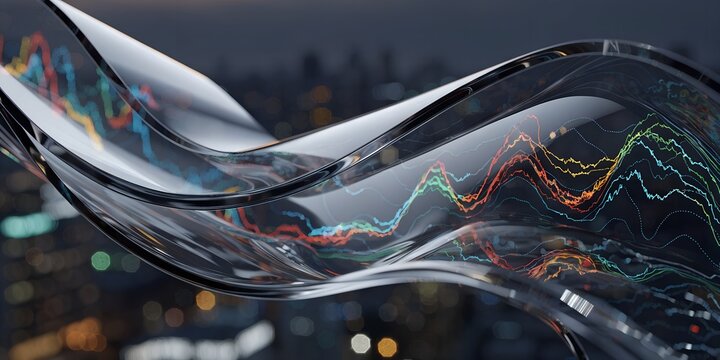 Abstract flowing glass waves carrying colorful data charts and digital lines over a blurred city skyline at night background