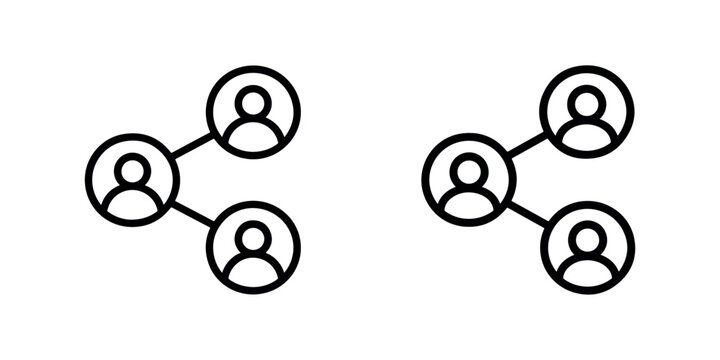 Social network share icon with interconnected user profiles, representing connection and distribution for web and app design on white background