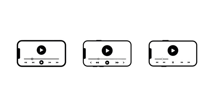 Smartphone video player interface icon set showing mobile screen with playback controls and progress bar for multimedia application design and usability