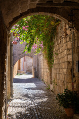 Obraz premium Medieval cobblestone alley with blooming bougainvillea and stone arch in Rhodes