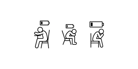 Fototapeta premium Tired person vector icon set showing exhausted stick figures sitting on chairs with low battery indicators above heads representing burnout and fatigue