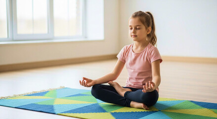 Naklejka premium Girl practicing yoga pose on rug in bright indoor space 