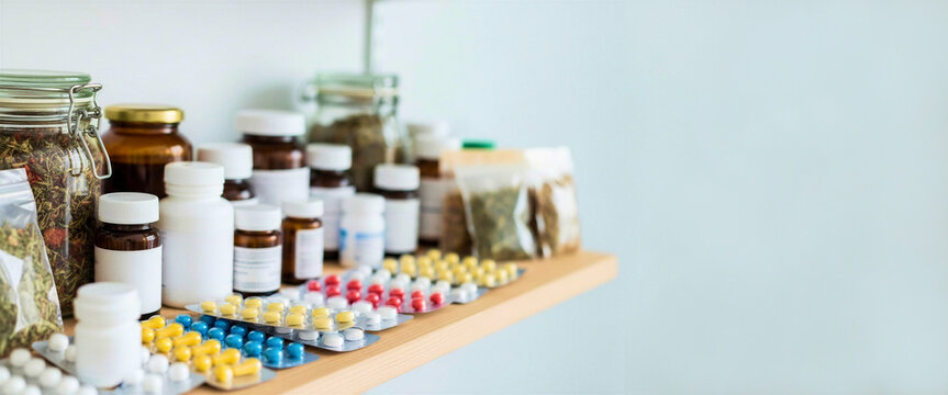 Shelf with pills and herbal infusions in natural light and calm setting  