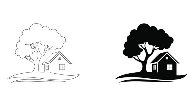 Minimalist tree and house logo design elements in black and white, simple modern emblem concept, real estate and nature-inspired branding icons