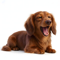 A yawning long-haired dachshund lies on a white background