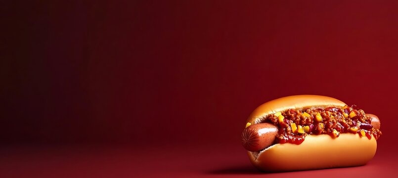 Delicious hot dog topped with chili and corn on a bun against a red background