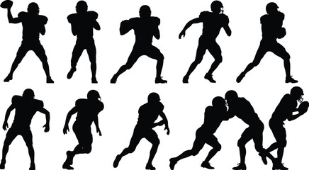 American football player silhouettes illustration with action poses, running, throwing, catching, blocking, tackling concept, black and white artwork design