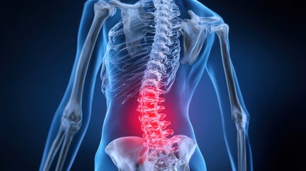A digital representation of the human spine showcasing vertebrae structure with indications of discomfort in the lower and mid back areas. This visual aids in medical studies.