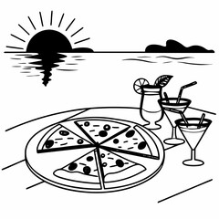 Fototapeta premium Vector illustration design of a black silhouette man with umbrella combined with pizza and symbolic clock elements concept art