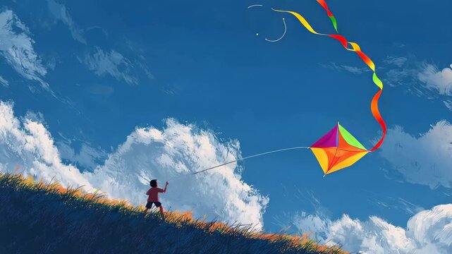 Child flies a kite on a grassy hill under a blue sky with white clouds during a sunny afternoon in a park